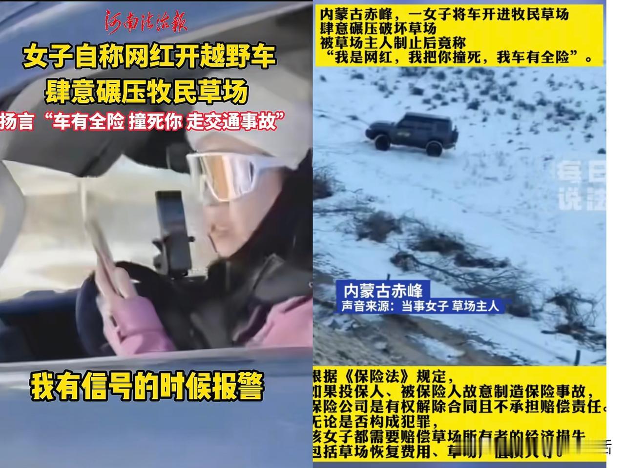 女子开车碾压草场，扬言要撞亖牧民一事，她错就错在话多。其实她单纯的开车碾压草