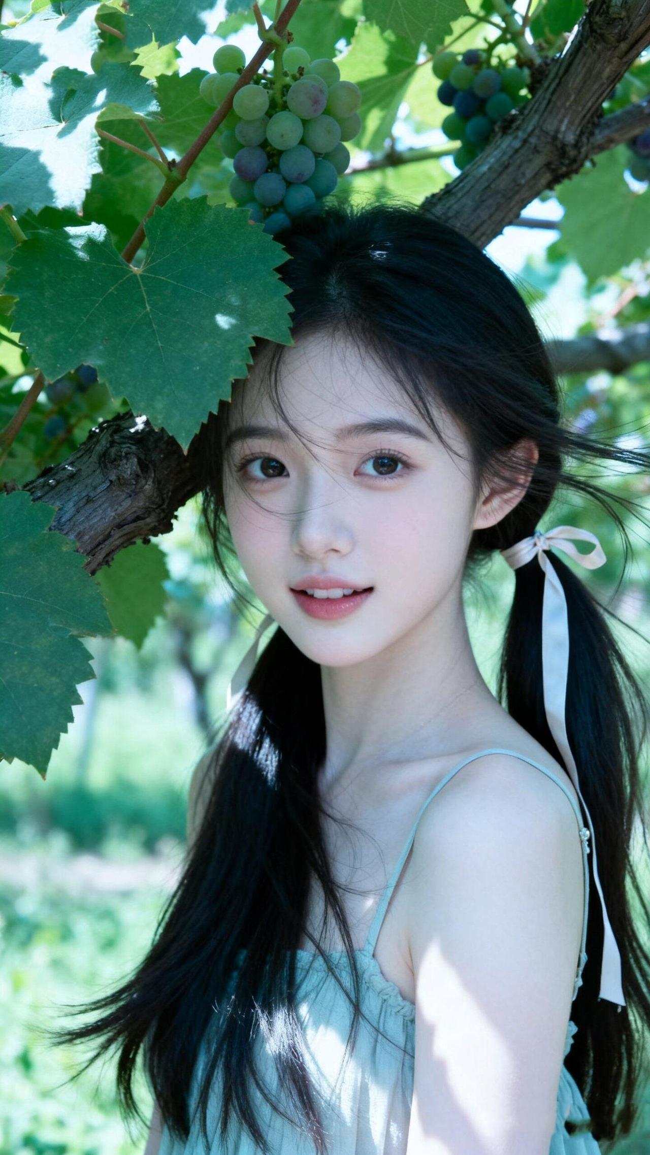 葡萄架下美人笑，绿意盎然似画卷。