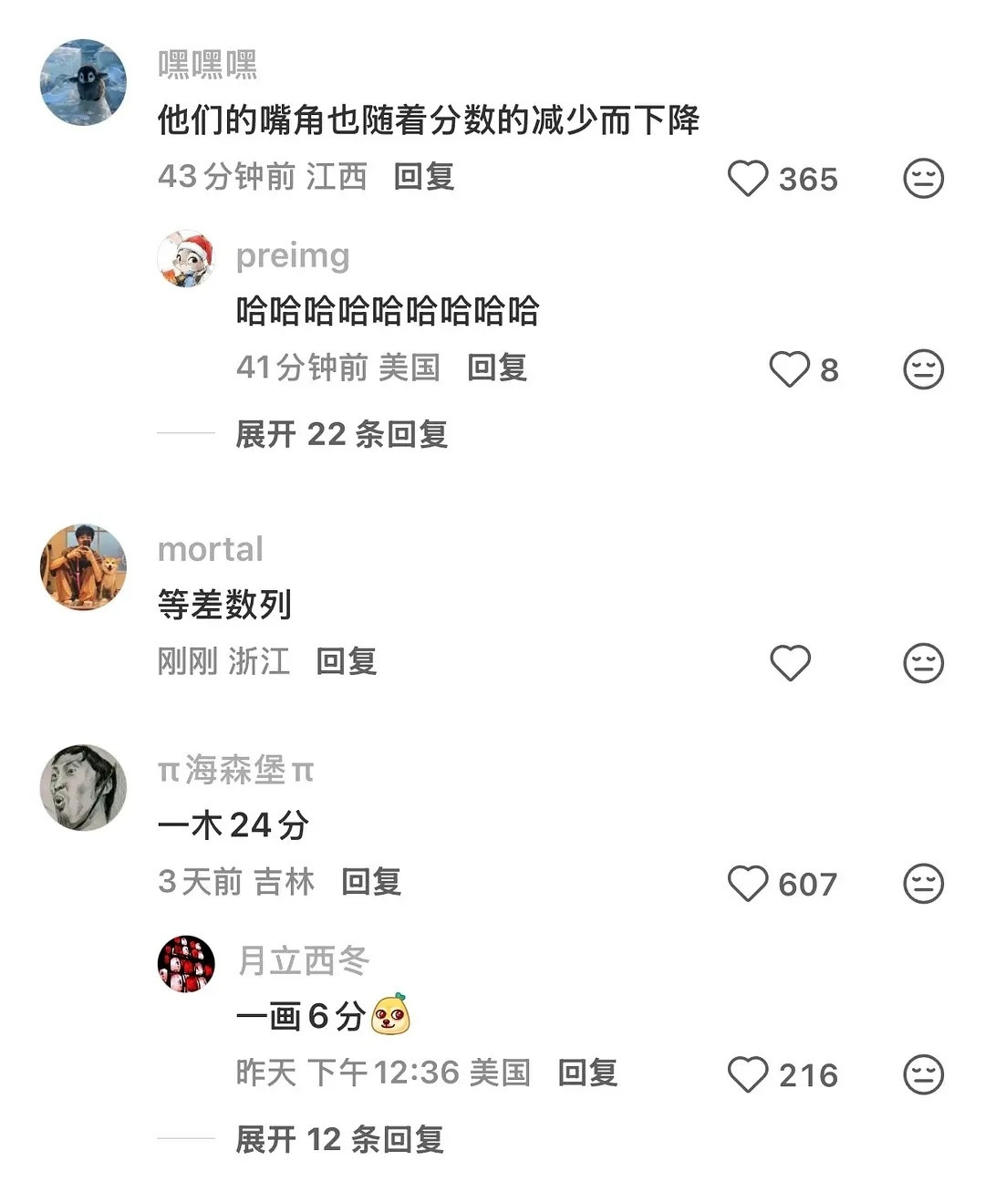 他们的嘴角也随着分数的减少而下降