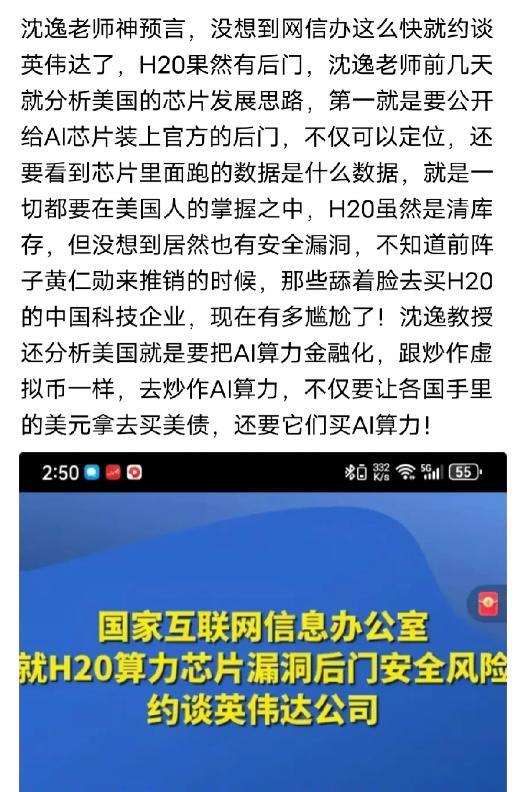 沈逸教授说如果这个时候让英伟达40万到60万片H20进入中国市场，那中国的国产芯