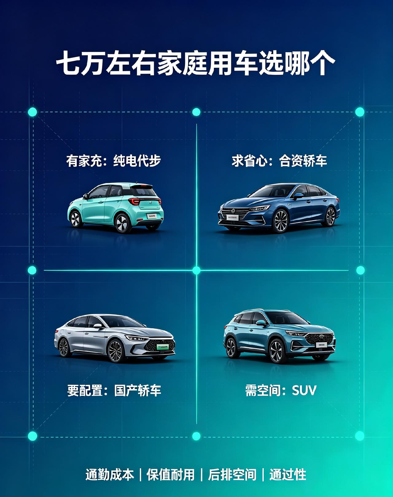 7万预算不用盲目追合资！看重舒适配置选国产轿车；短途代步选纯电；只求三大件稳定、