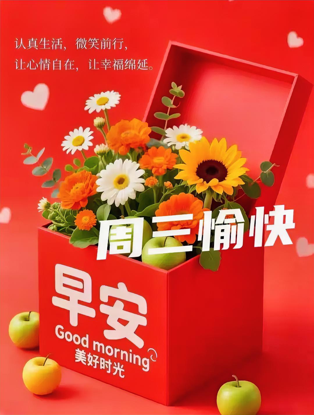 红盒子里装满向日葵与雏菊，还有青苹果带来的脆甜惊喜，周三早安，愿你心情如花儿一样