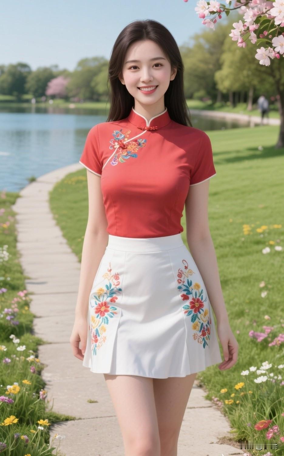 时尚改良旗袍，红白相间，花团锦簇，清新自然！🌸💃粉白色系穿搭