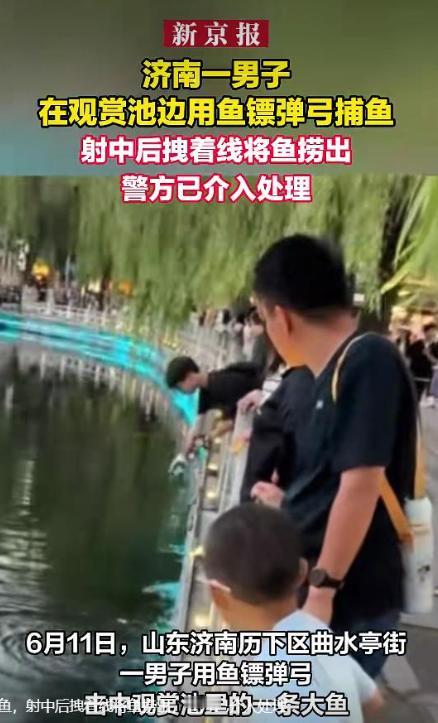 “太猖狂了！”山东济南，一男子大白天站在景区观赏鱼池边，突然从兜里掏出一副带倒刺