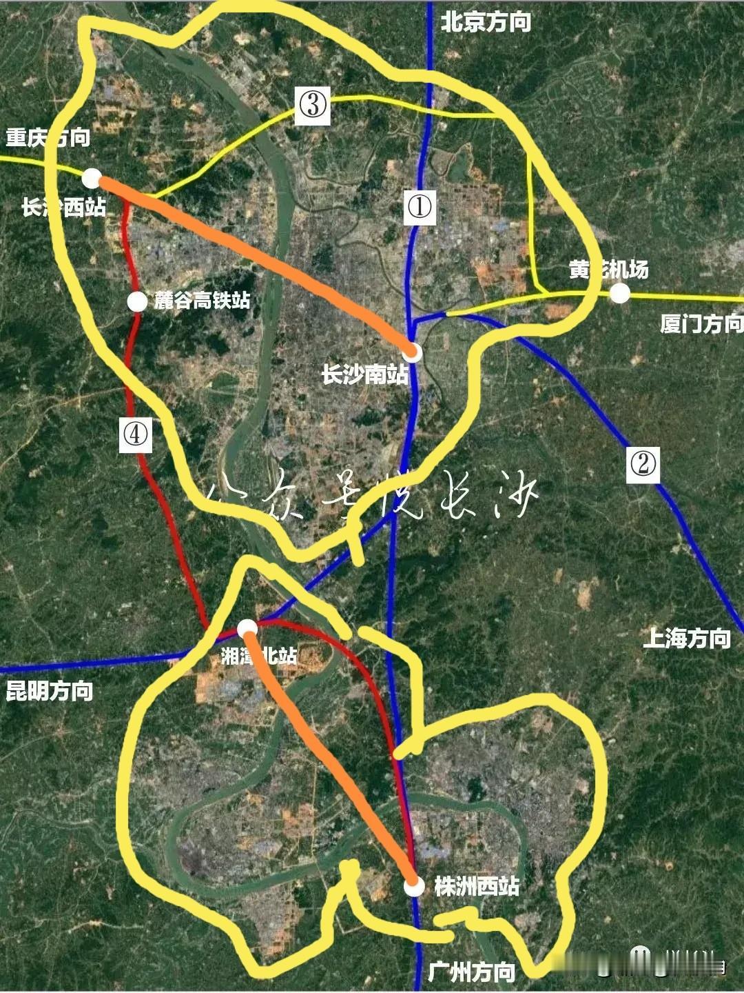 长沙西与长沙南直线距离比湘潭北到株洲西还要远。从地图上看，株洲西和湘潭北分别处