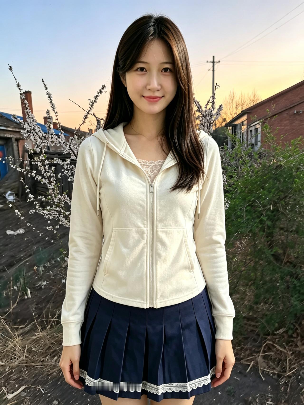 花枝初绽雪，人比杏蕊柔。一笑春风起，清甜满眼眸。～落日熔金染远空，屋前花影