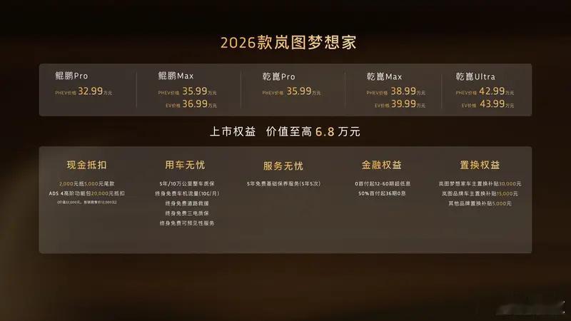 懂车之道讯9月15日，2026款岚图梦想家正式上市，售价区间32.99-43.9
