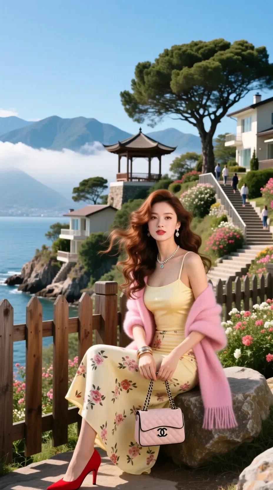 鹅黄裙裹着花影，粉绒披肩揉进海风的软。红鞋点醒山海的明媚，连云都为这抹甜慢了脚步