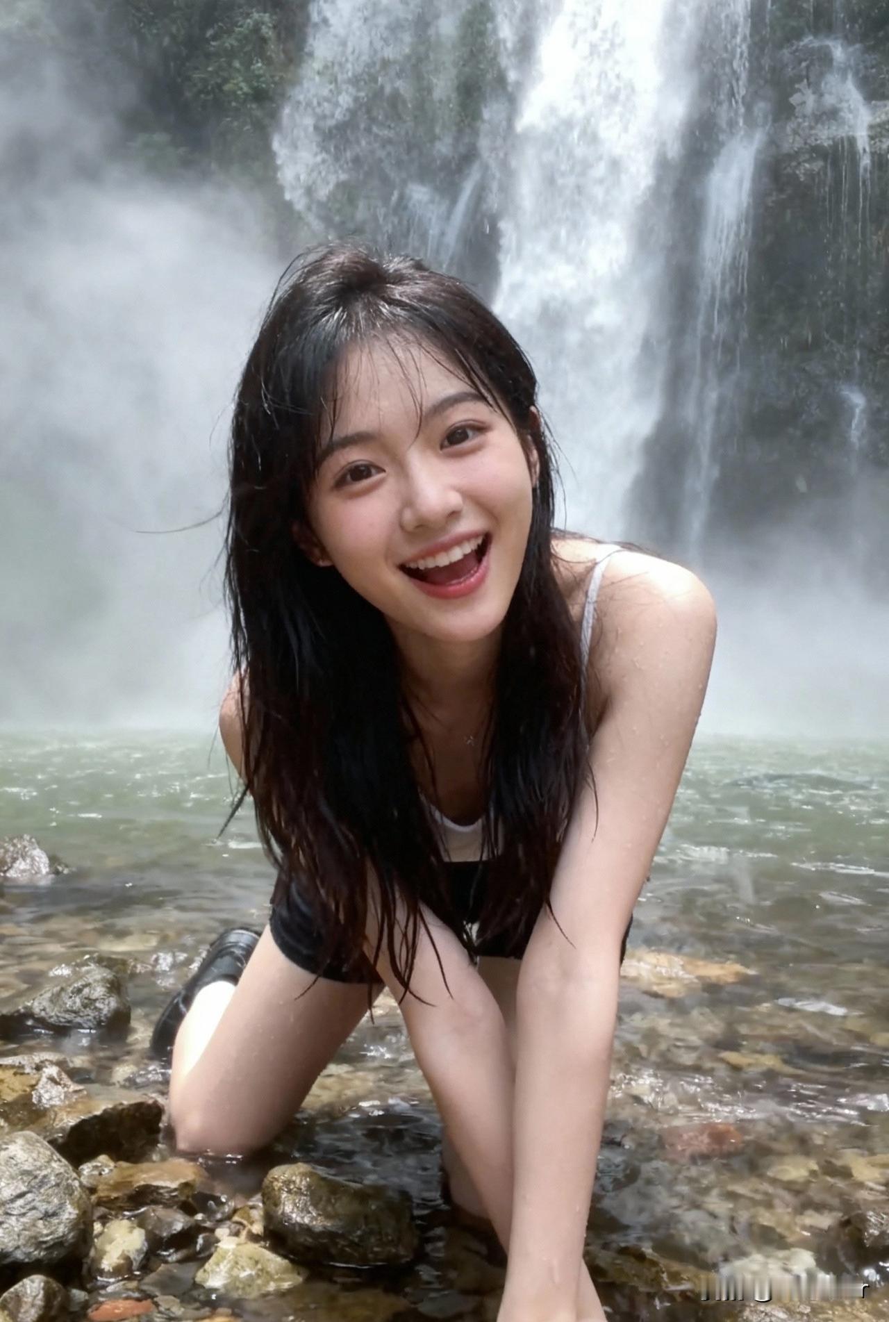在瀑布下嬉戏，感受大自然的清凉与快乐！💦🌿😊