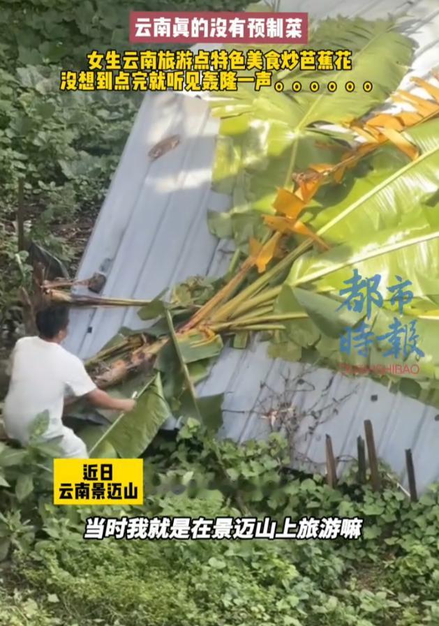 “这顿饭新鲜得有点离谱！”近日，云南景迈山，一名女子和朋友游玩时走进当地小餐馆，