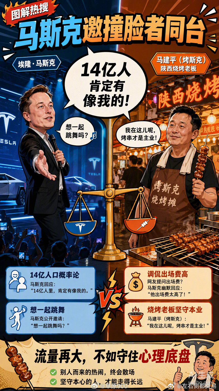 #烤斯克回应马斯克#马斯克邀撞脸者同台，老马比老黄玩的花！黄仁勋不是也有个模仿者​
