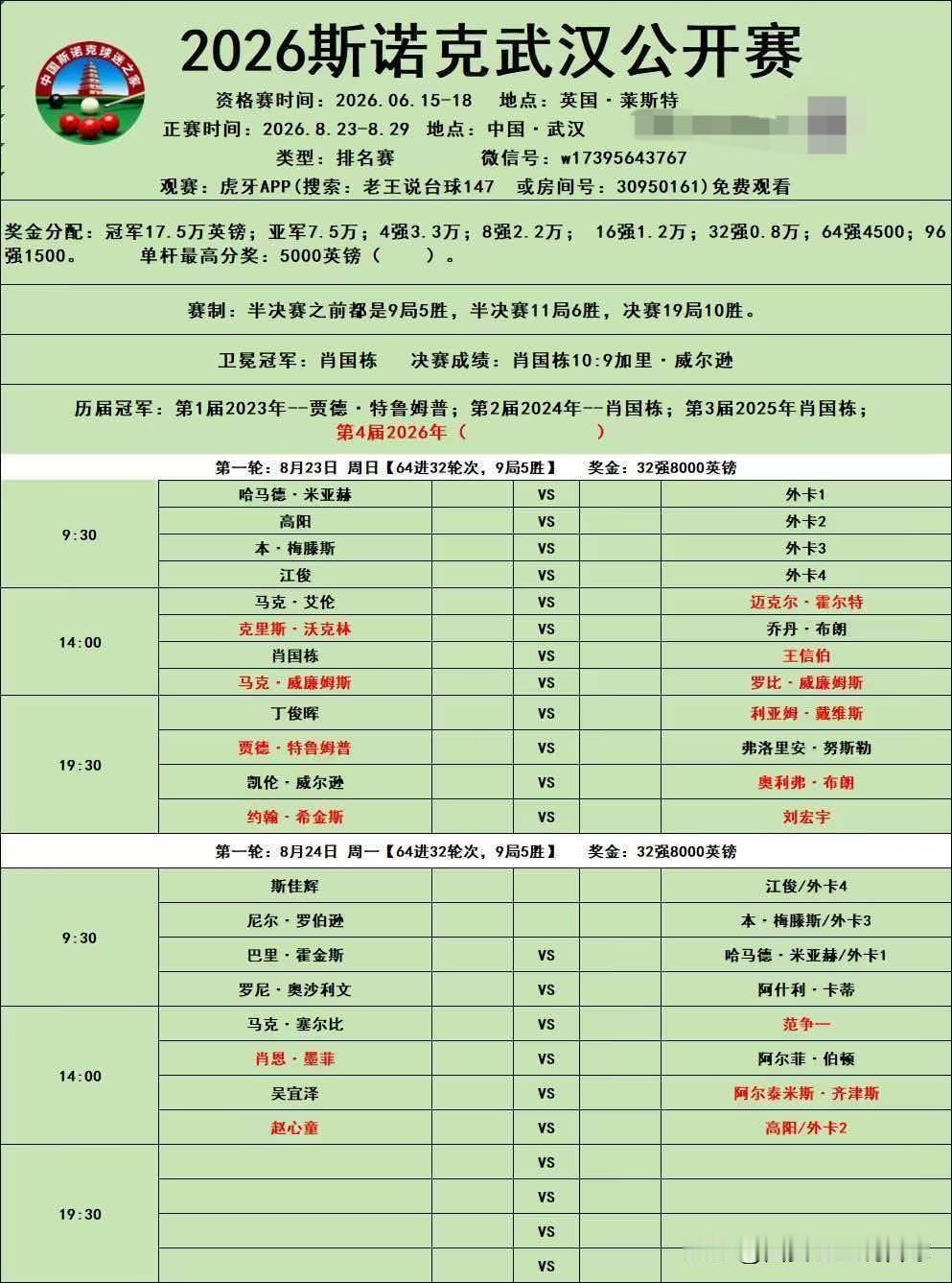 武汉公开赛赛程安排及对阵签表出炉！快来看看自己喜欢的球员几点出场，对手是谁？晋级