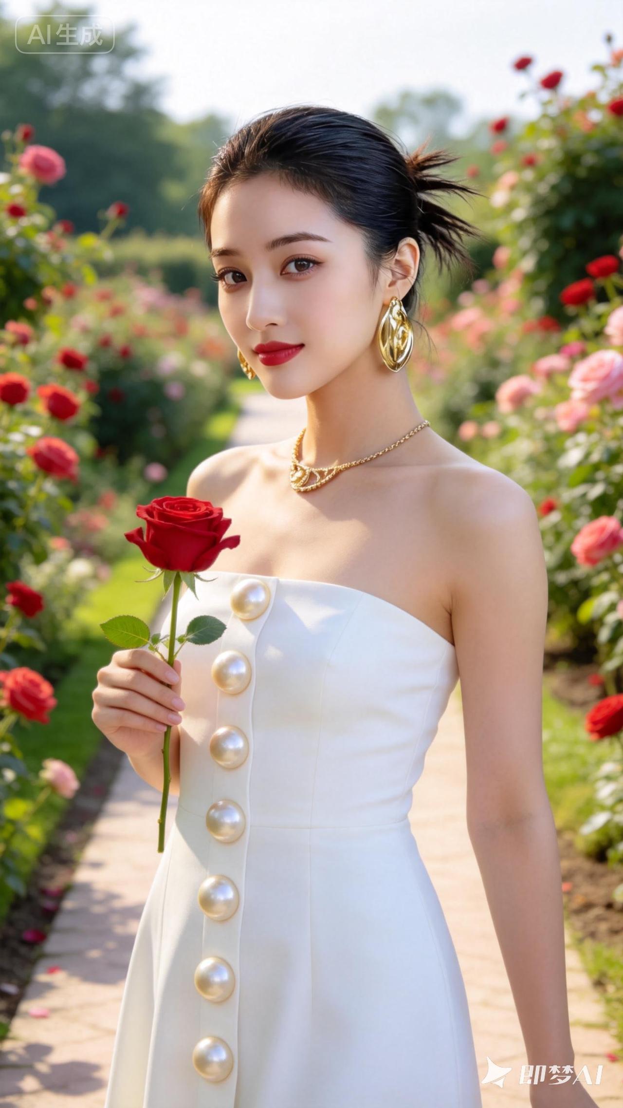 在浪漫的花园中，手持红玫瑰，尽显优雅与美丽。