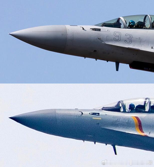 歼-15D和歼15DT电战机雷达罩对比，可以看到后者除了改弹射之外，在电子设备上