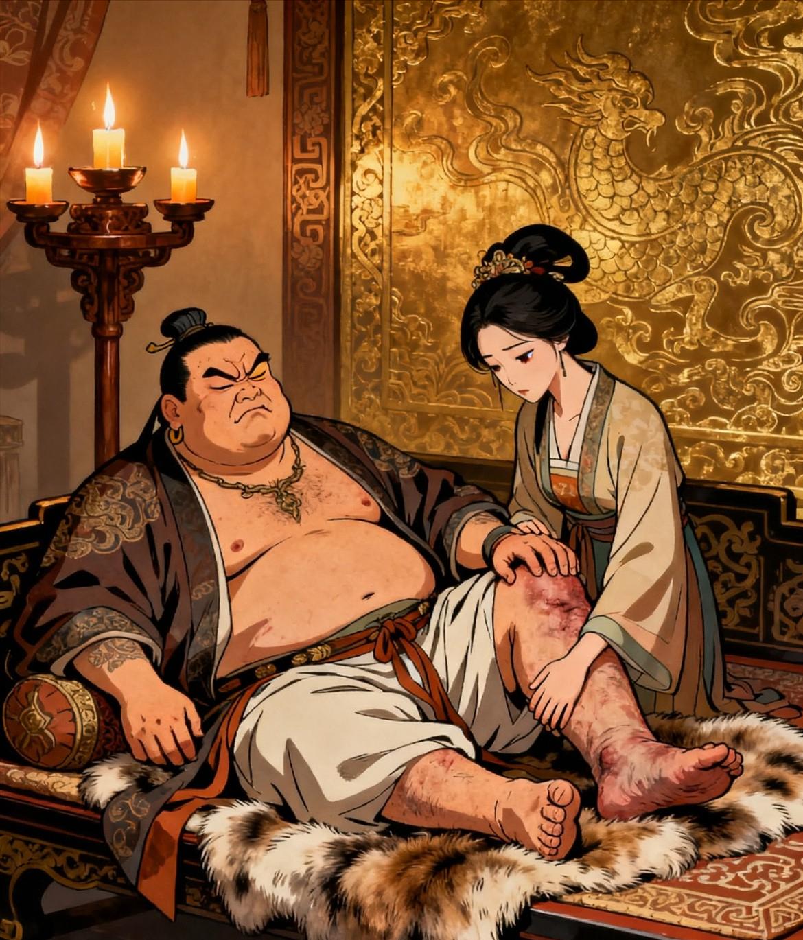 安禄山被杀前夜，召小妾段氏服侍，段氏提醒：陛下可要小心了。“小心？”安禄山喉咙里