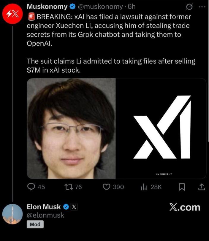 马斯克发文，说他旗下xAI公司的一个华人工程师从他的公司离职后，加入了opena
