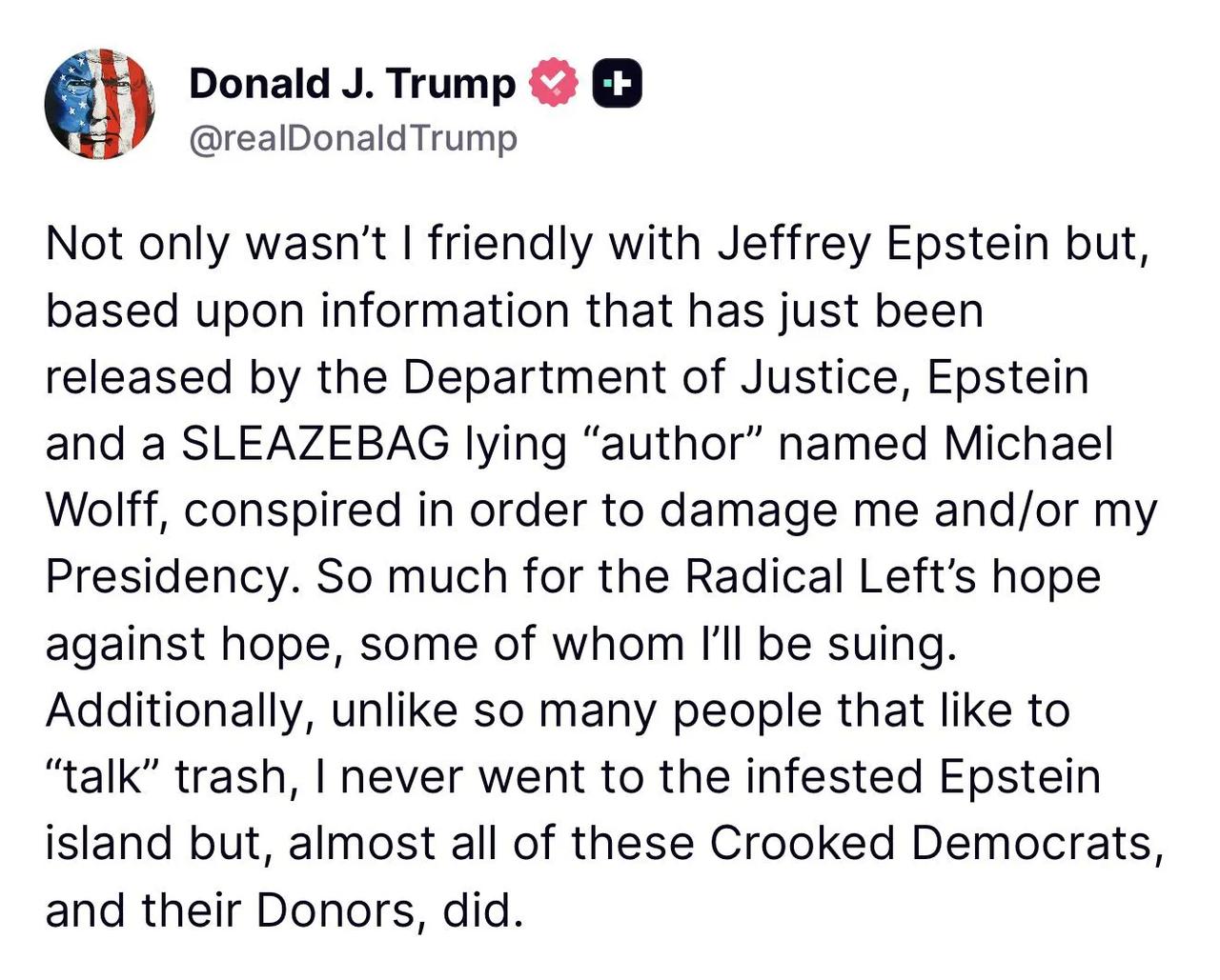 🇺🇸🚨|突发新闻：特朗普总统就爱泼斯坦案发表声明：“我不仅与杰弗里·