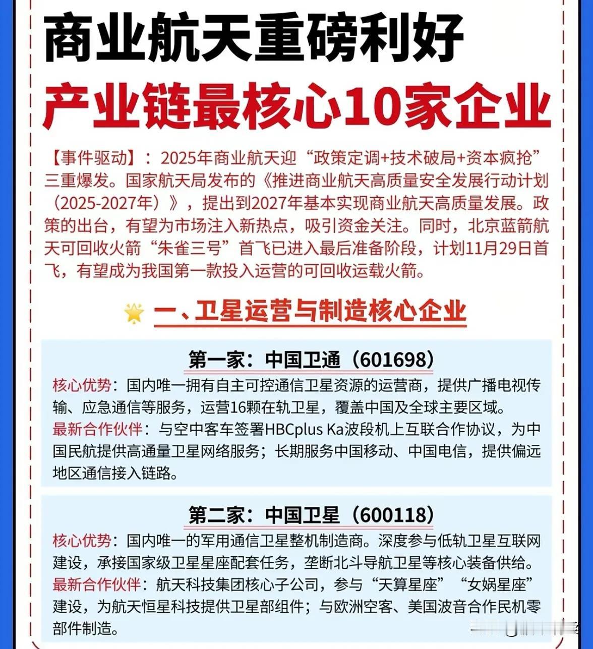 商业航天产业链迎发展新机遇，核心环节企业深度受益近期，在政策明确支持、关键技