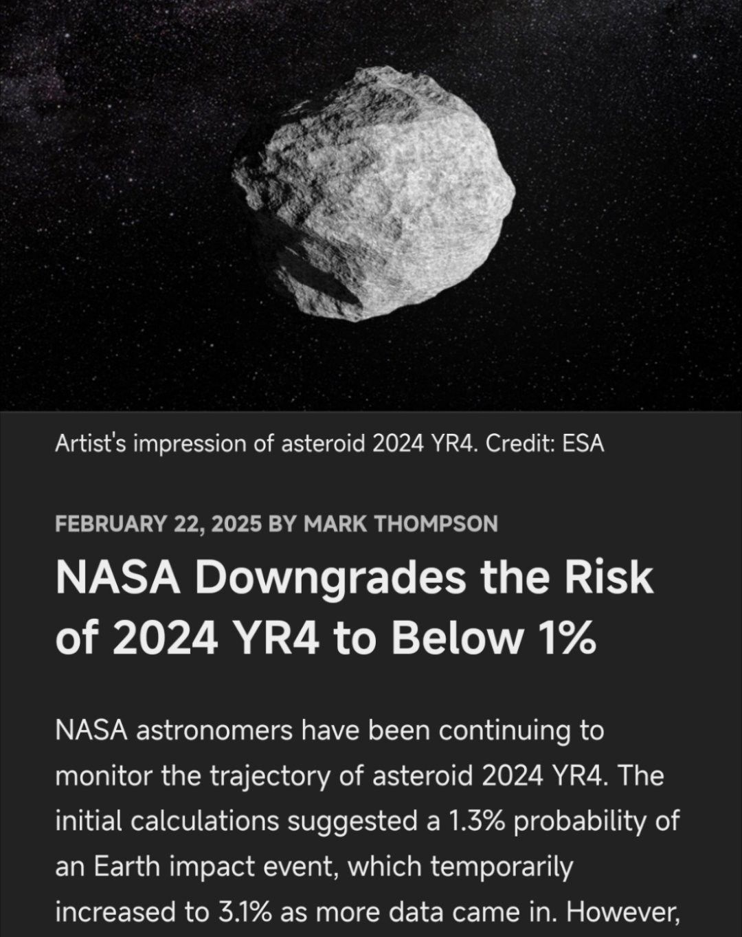 小行星撞地球概率调整为接近为零最新数据0.28％！2024YR4正在离地球越