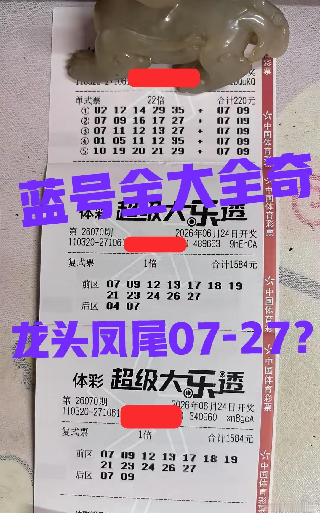 大佬带来全新思路，大复式组合票，龙头凤尾同尾号07-27，蓝号全大全奇数07-0