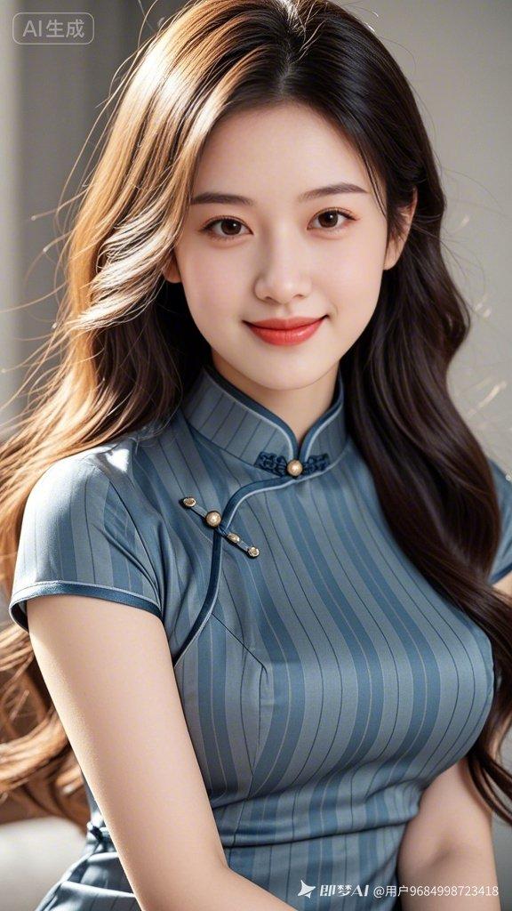 丰满美女身着半袖职场精英旗袍，浅棕色长直发，温柔微笑。上围饱满圆润、立体挺拔，真