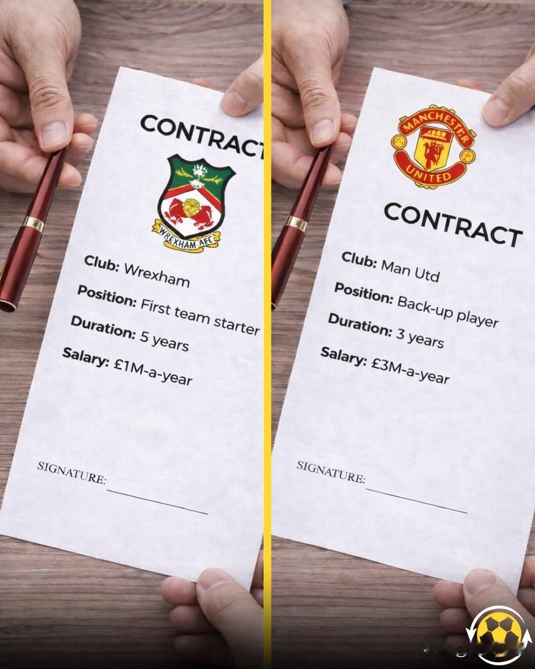 若你是一名18岁的职业足球运动员，前途无限，此时收到两份合约邀约。雷克斯汉姆（