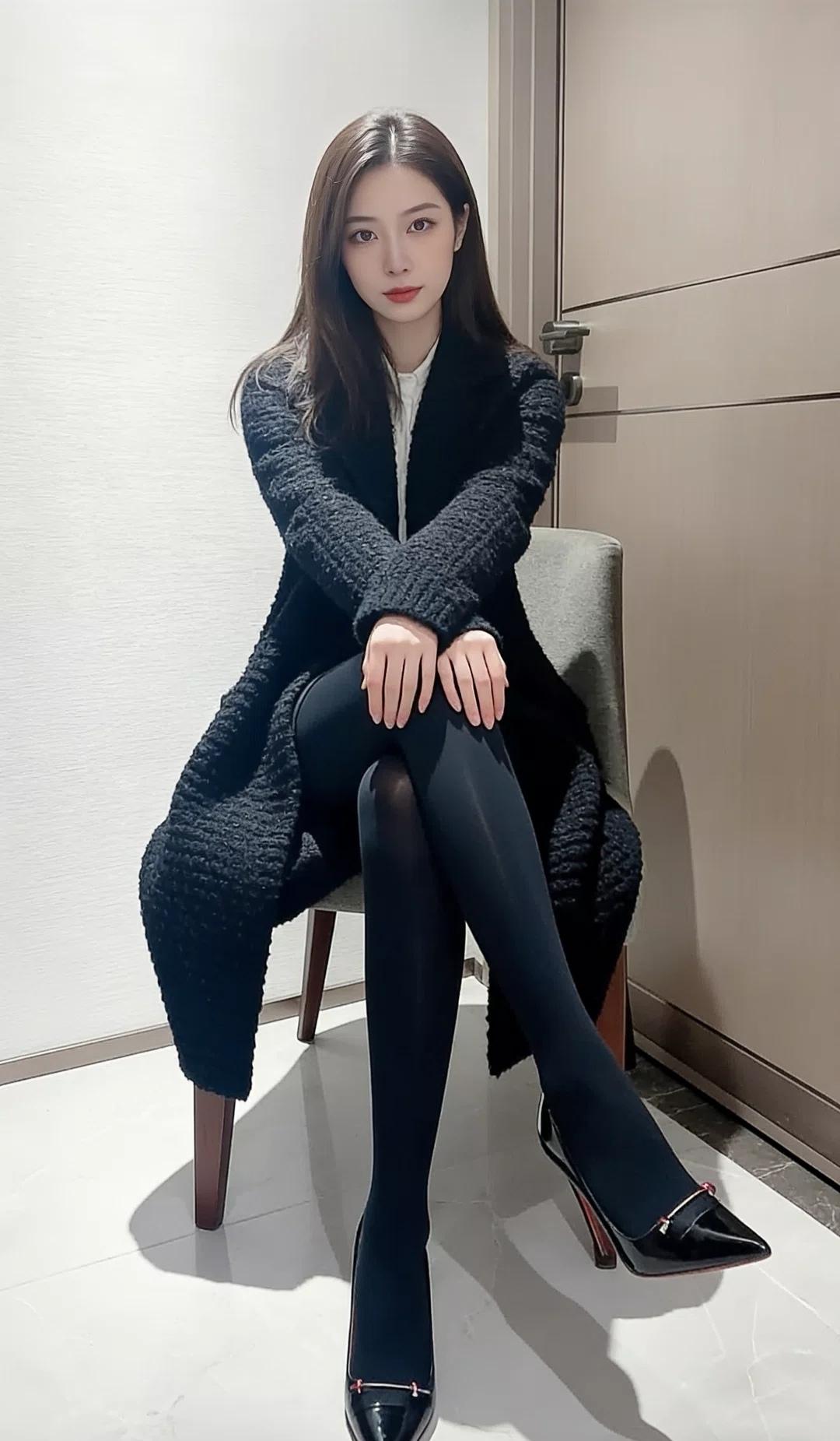 优雅气质穿搭，黑色毛衣搭配高跟鞋，简约而不失时尚感。