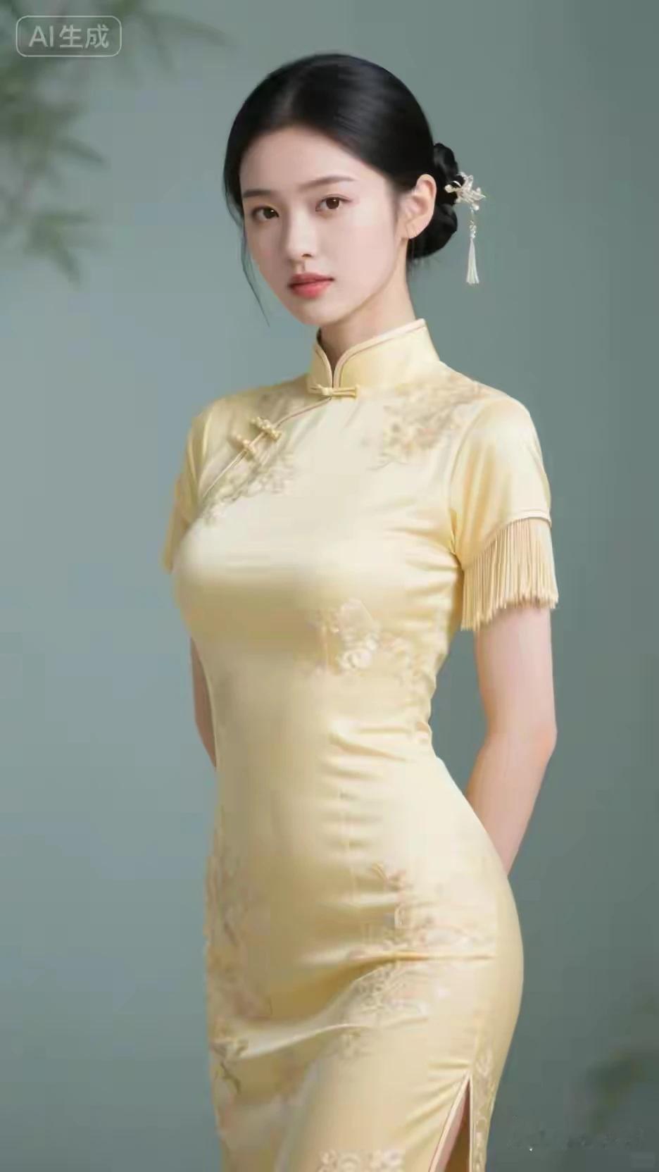 中国文化，传统服饰黄色刺绣，缎面旗袍东方韵味，魅力十足出水芙蓉，亭亭玉立