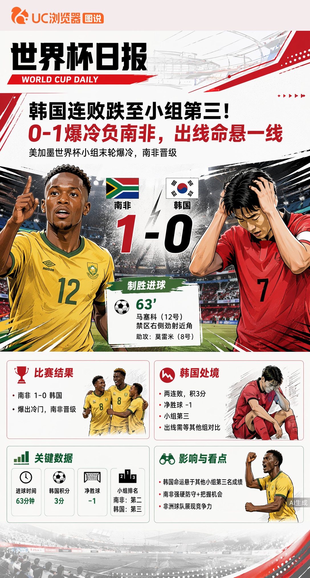 韩国连败跌至小组第三！0-1爆冷负南非，出线命悬一线