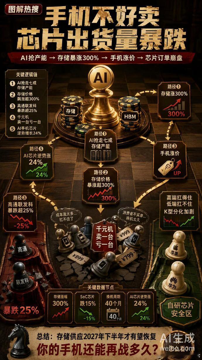 很多人把手机销量下滑、行业遇冷，归咎于消费降级、存储涨价、大家没钱了。其实这都