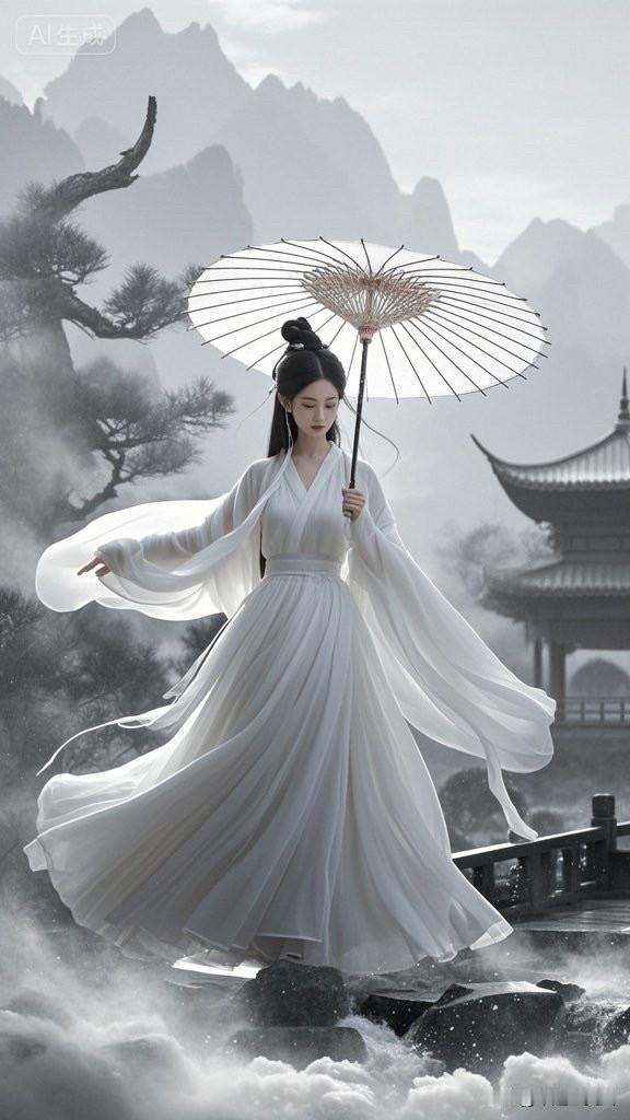 东方美人与山水画融为一体，尽显古典韵味