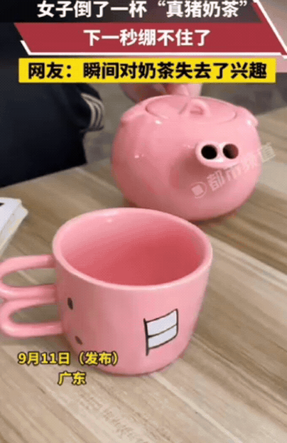 “绷不住了！”广东，女子买了一套小猪茶具！准备喝一杯奶茶，结果刚倒了一半，珍珠直