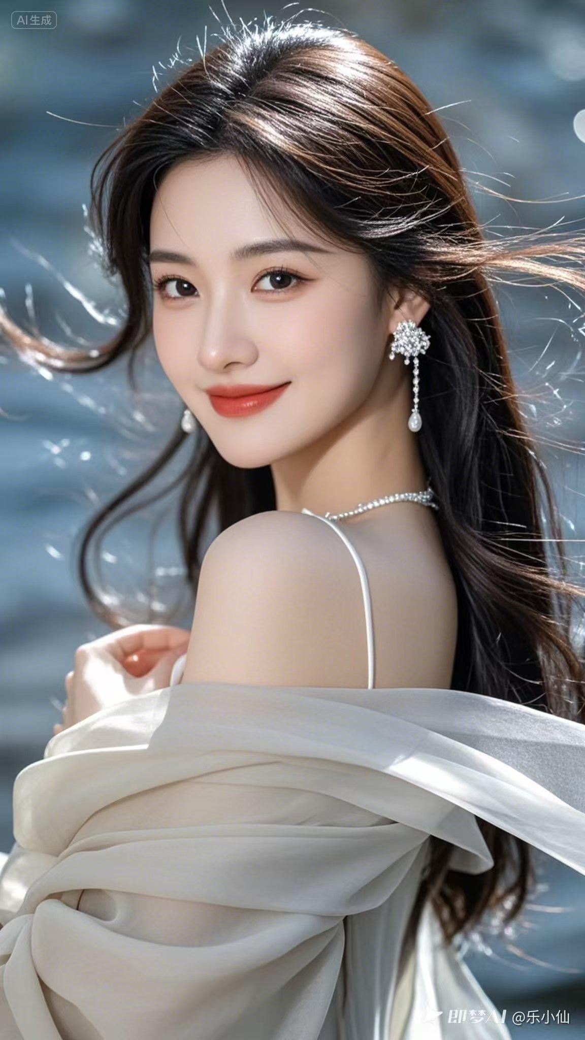 海边瞬间的美丽，长发随风飘逸，珍珠耳环闪耀着光芒，仿佛海浪轻抚脸庞。
