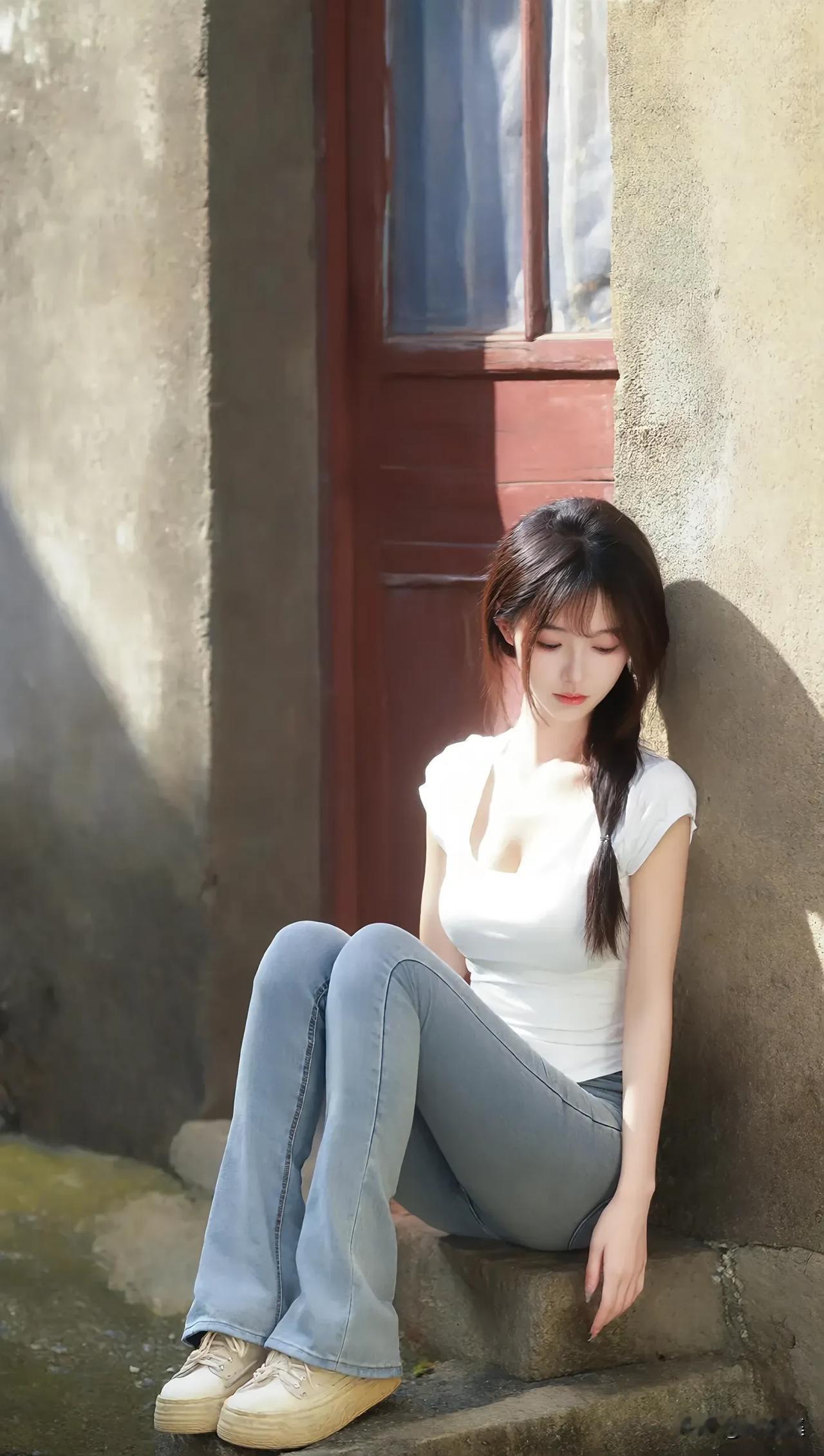 阳光洒落，静谧时光，少女倚墙而坐，岁月静好。