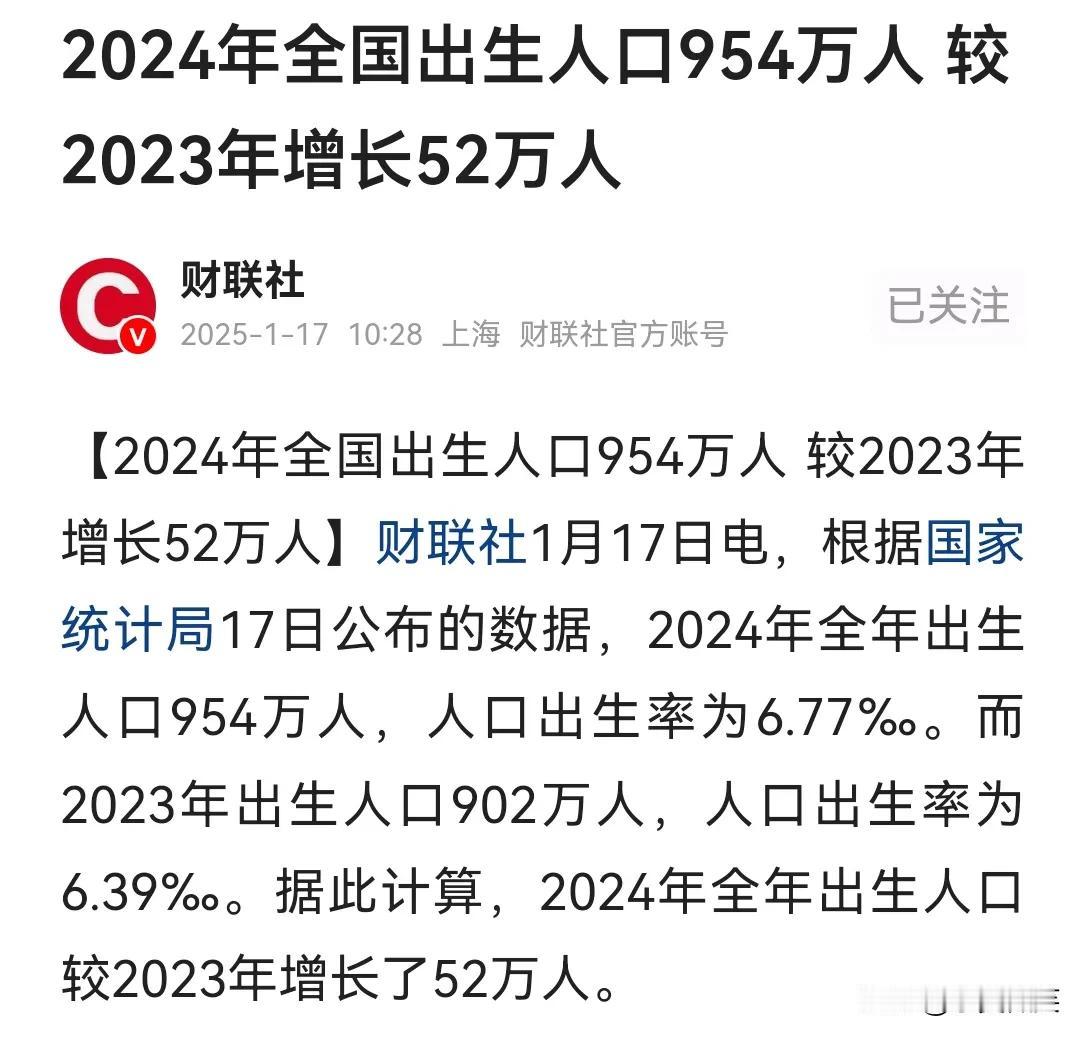 人口止跌回稳据国家统计局今天公布的数字，2024年全年出生人口954万人，人口