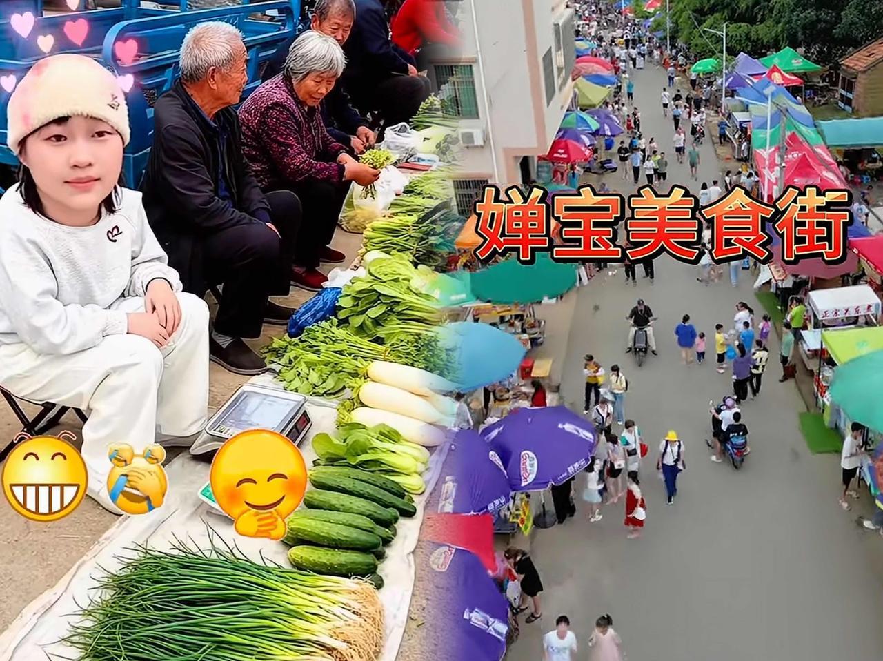 奥运冠军蹲在菜摊前整理蔬菜，大爷大妈没认出这是全红婵。她手指翻动青菜，披白色休