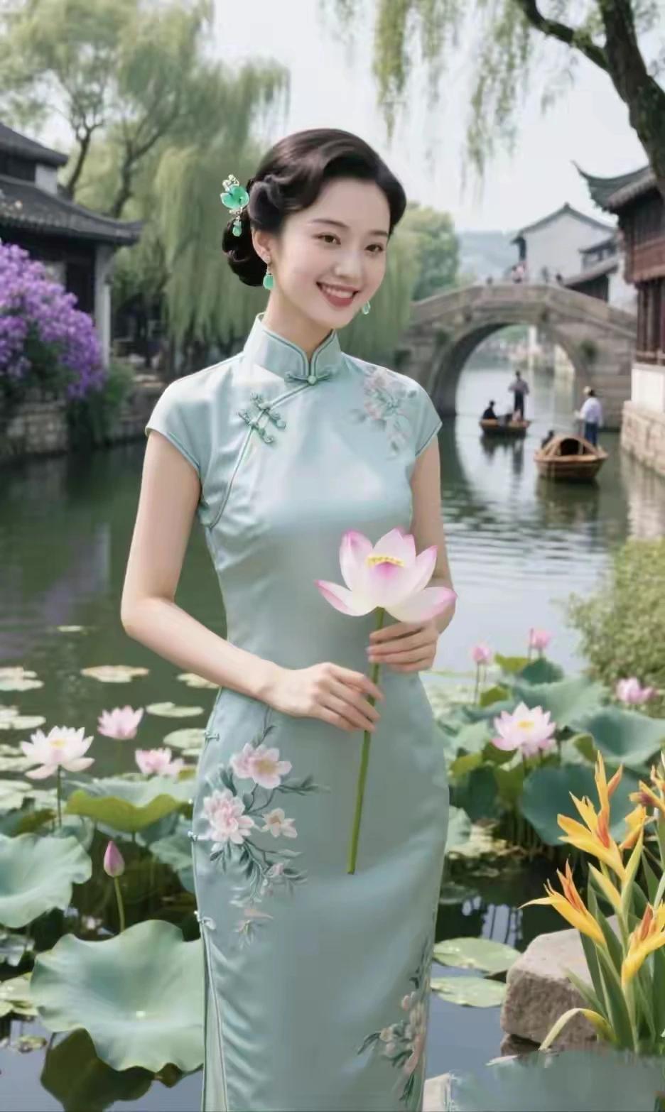 江南水乡，独特风景。旗袍雅致，国风古韵。小桥流水，一叶扁舟。一把折扇，一把