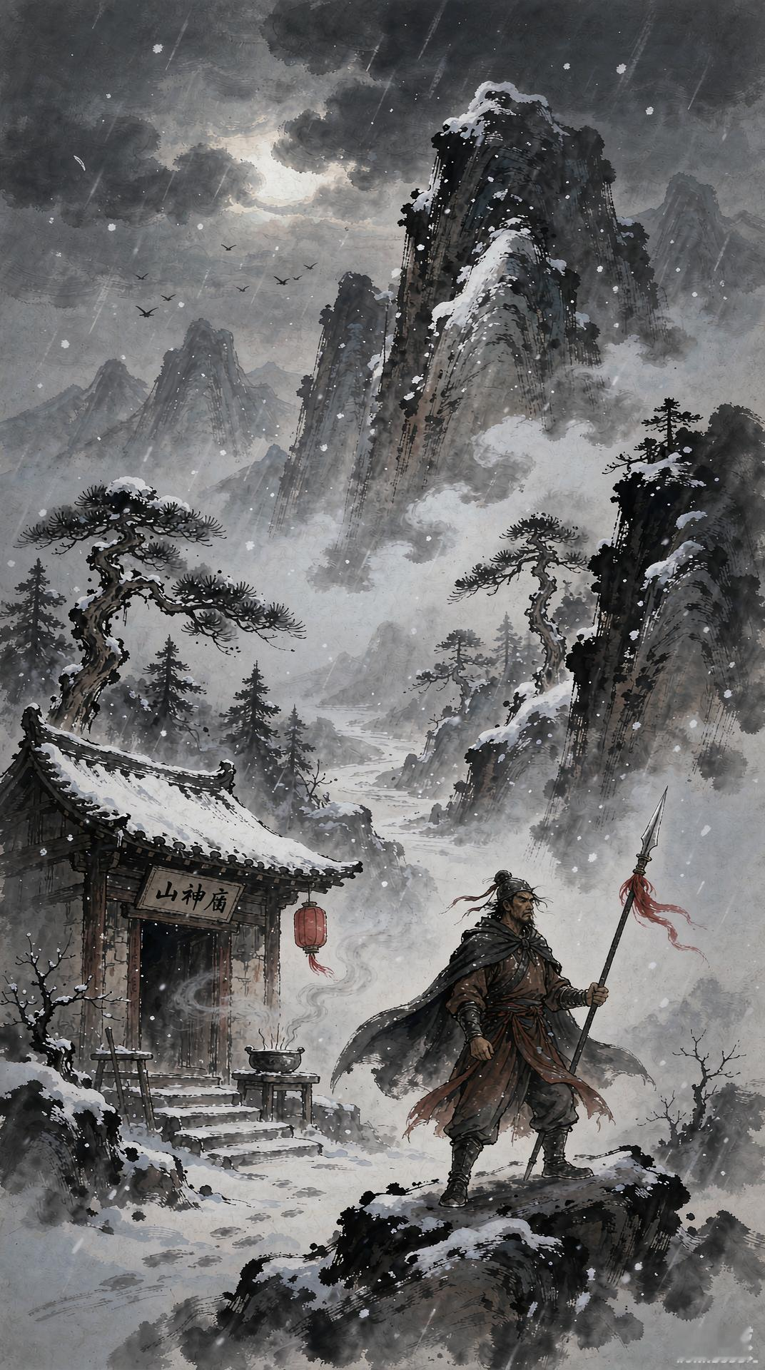林冲被逼上梁山，是《水浒传》最经典的桥段之一。风雪山神庙，林冲手刃仇人，雪夜上梁山。这个故事被改编成
