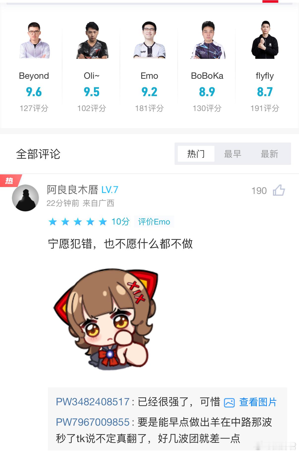虽然YB输了，但是YB众人的评分都是9分左右，其实游戏输我觉得真不是什么大事，没