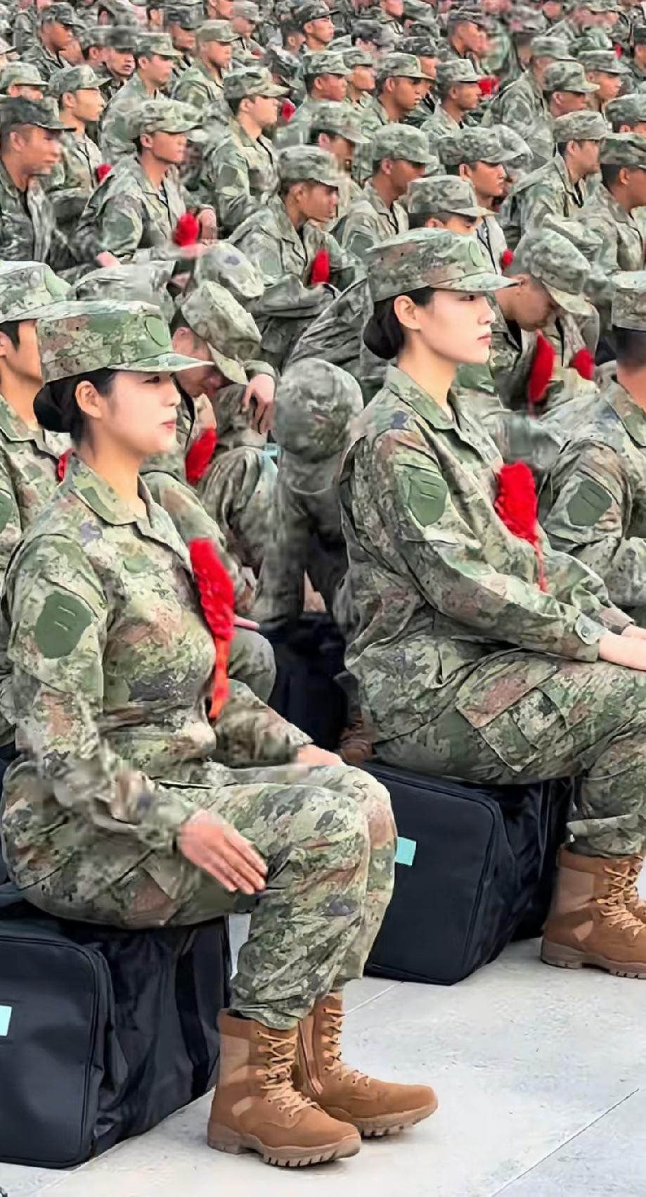 在学校军训还是有效果的，看这几个女兵，坐姿标准。军训作息时间