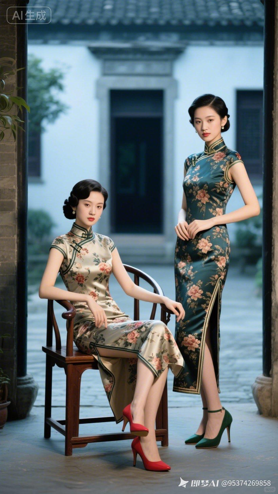 两位女士穿着旗袍，坐在院子里。