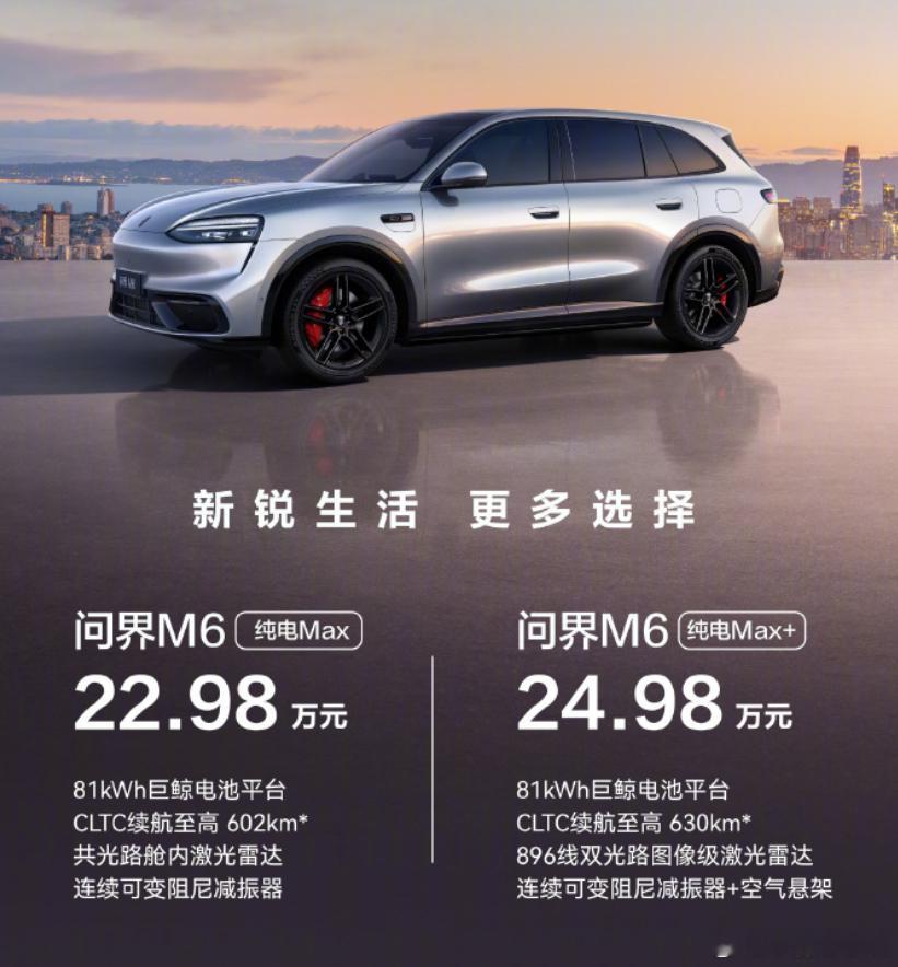 M6新版本电池81度，续航600km+，舱内激光雷达版本22.98万，取消了空悬