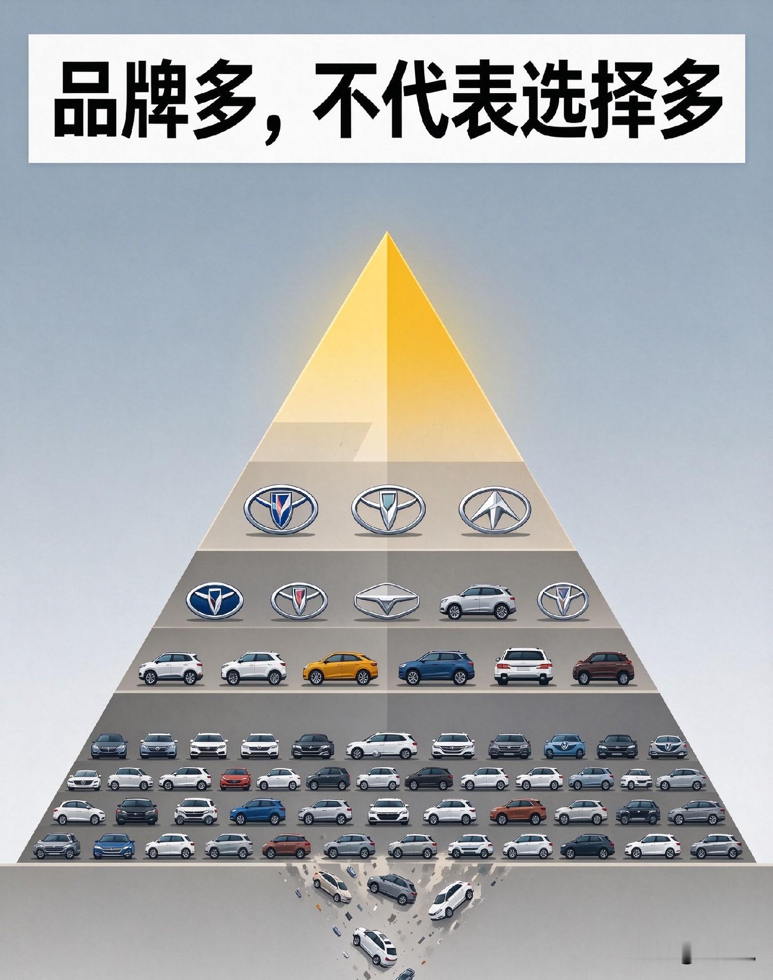 109个汽车品牌，听着吓人，可你真正能选的，其实是头部那十几家。这张中国汽车品牌金字塔图在X上刷屏，