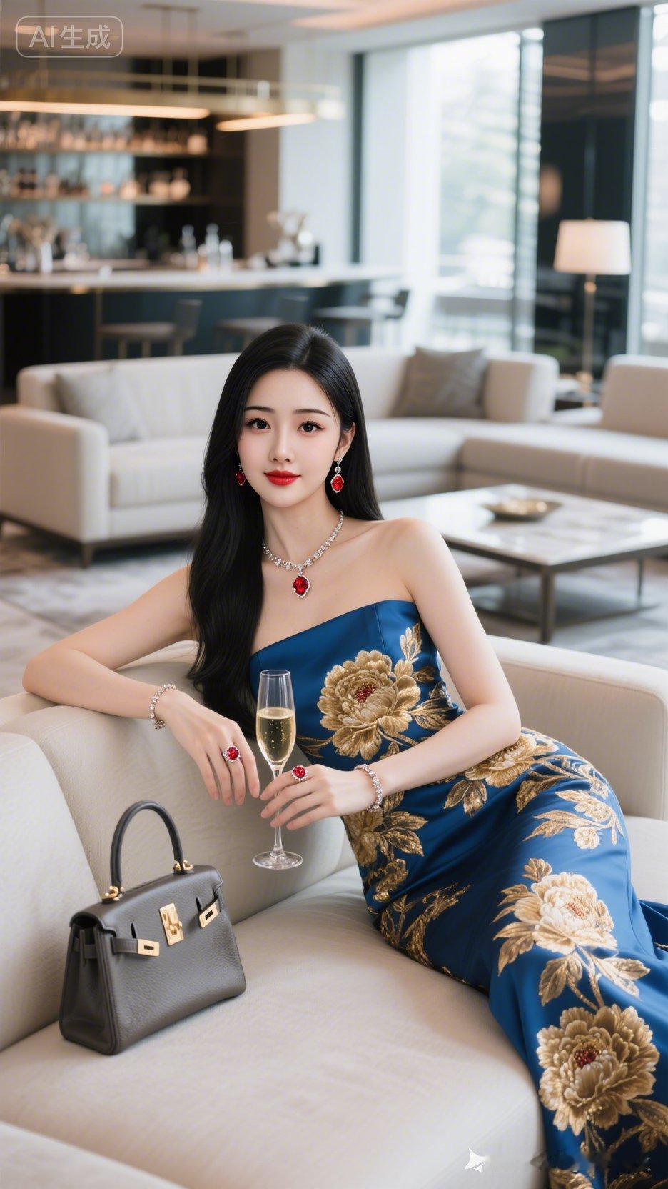 冷白皮东方美女，棕大波浪卷发拂面，着蓝金牡丹高定礼裙，配红钻珠宝，手持香槟半躺沙