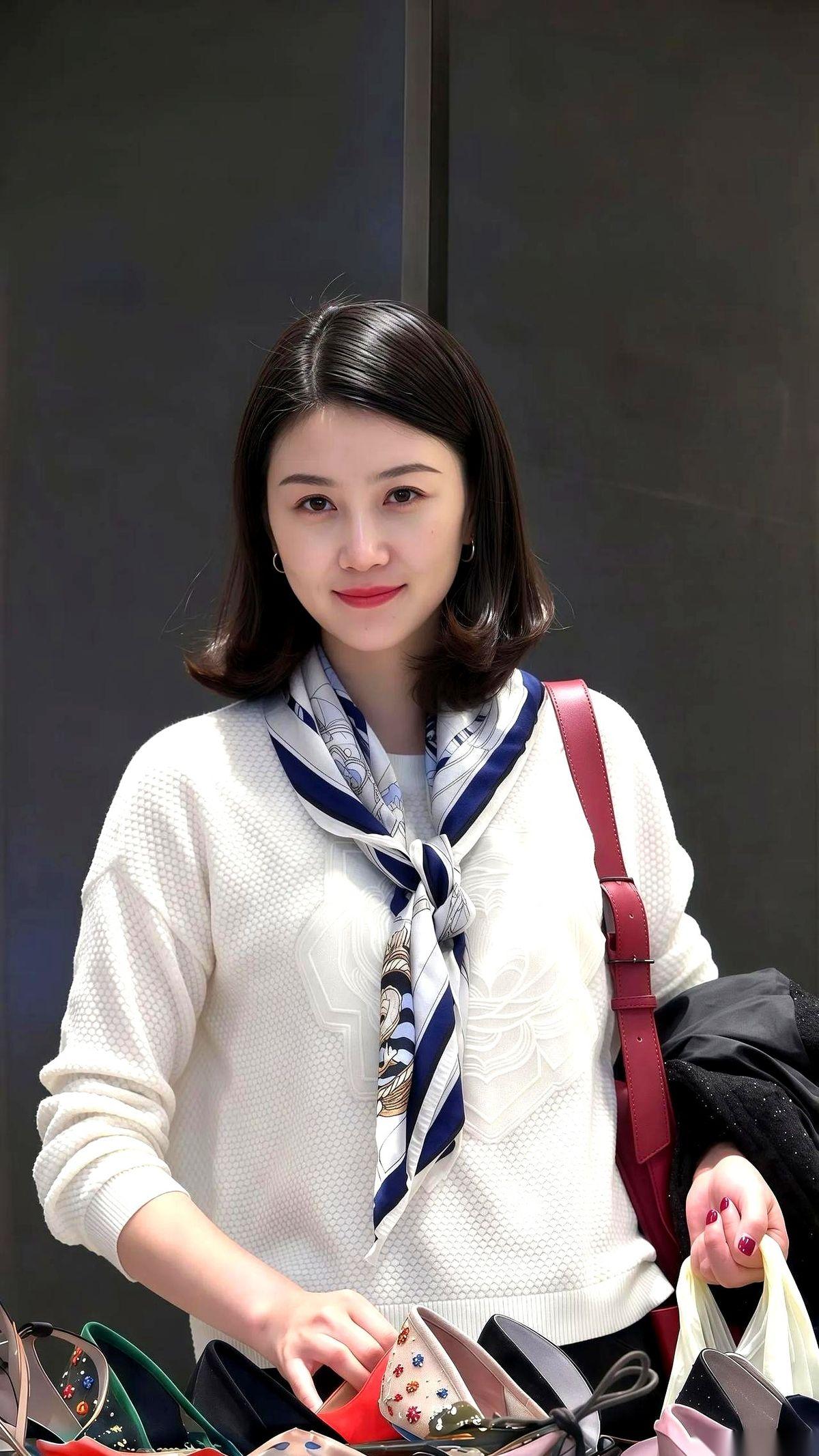 商场鞋店里，一位穿简约上衣、戴丝巾的大姐坐在试鞋凳上，正慢慢试穿高跟鞋和平底乐福