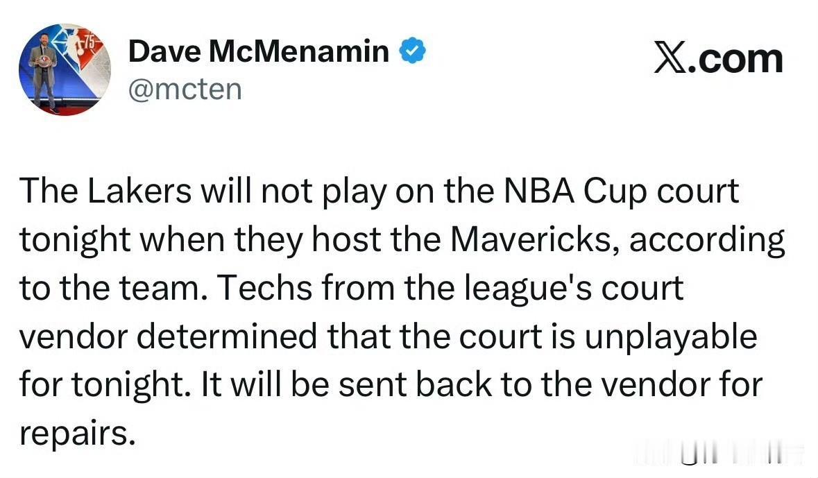 换地板了！！！湖人今天不使用NBA杯专属地板！根据记者Dave最新消息透露，