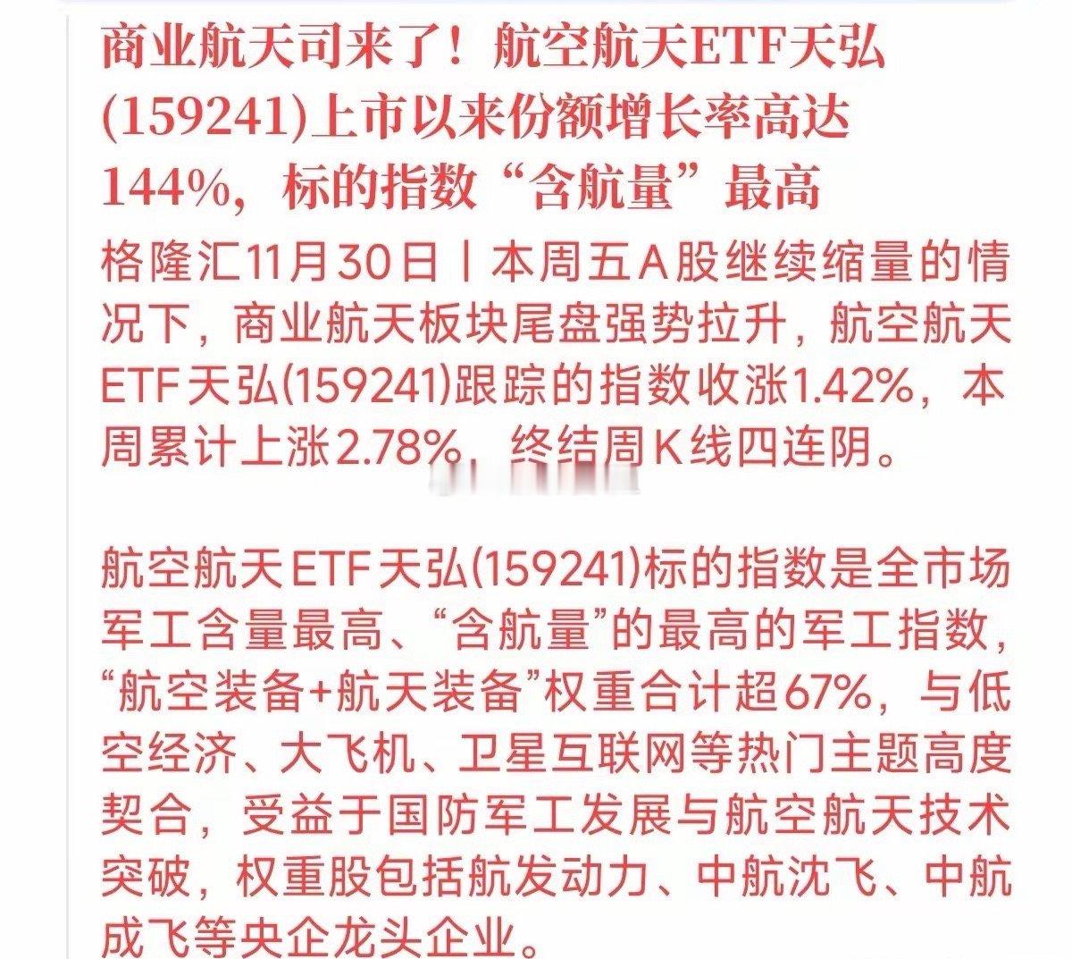 商业航天突袭！这类ETF成“含航量”之王。看到数据惊了！航空航天ETF天弘（15