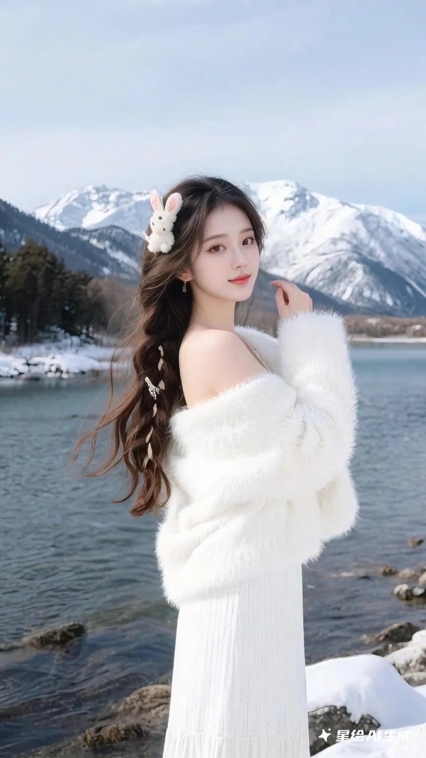 冬日仙境，白衣少女与雪山相映成趣