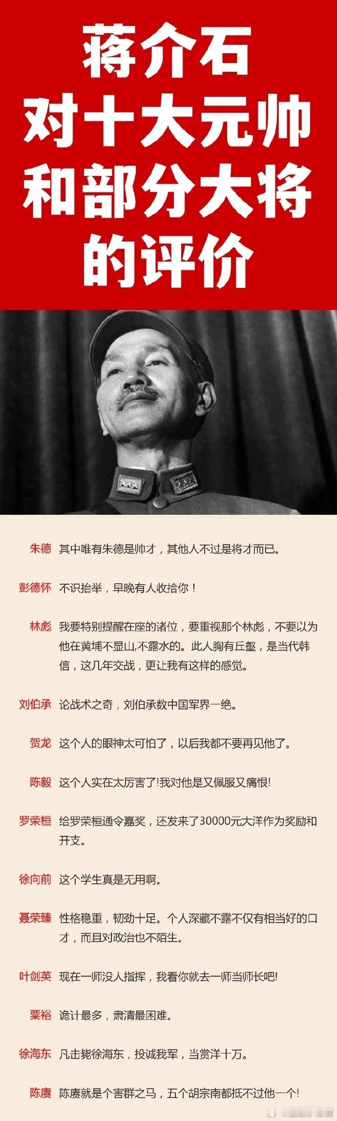 蒋介石：唯有朱德是帅才。蒋介石：(徐向前)这个学生真无用。蒋介石：我对贺龙是既佩