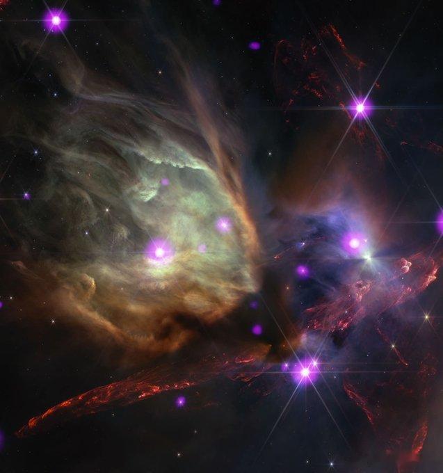 罗蛇夫座云复合体是一个壮观的恒星摇篮，在那里，致密的煤气和尘埃云在引力的作用下坍